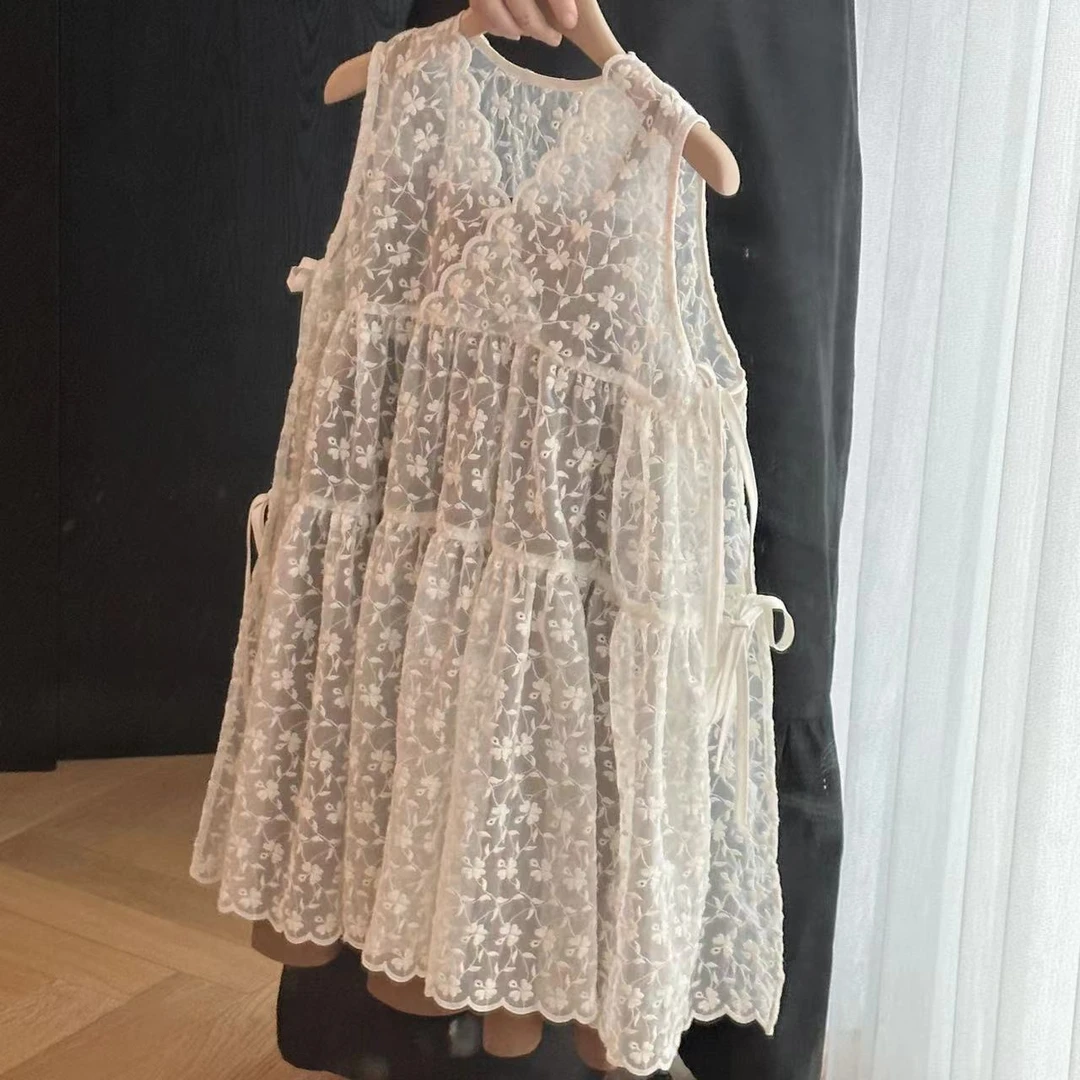 【设计师品牌】韩版时尚中大童亲子蕾丝提花镂空背心罩衫裙 6000