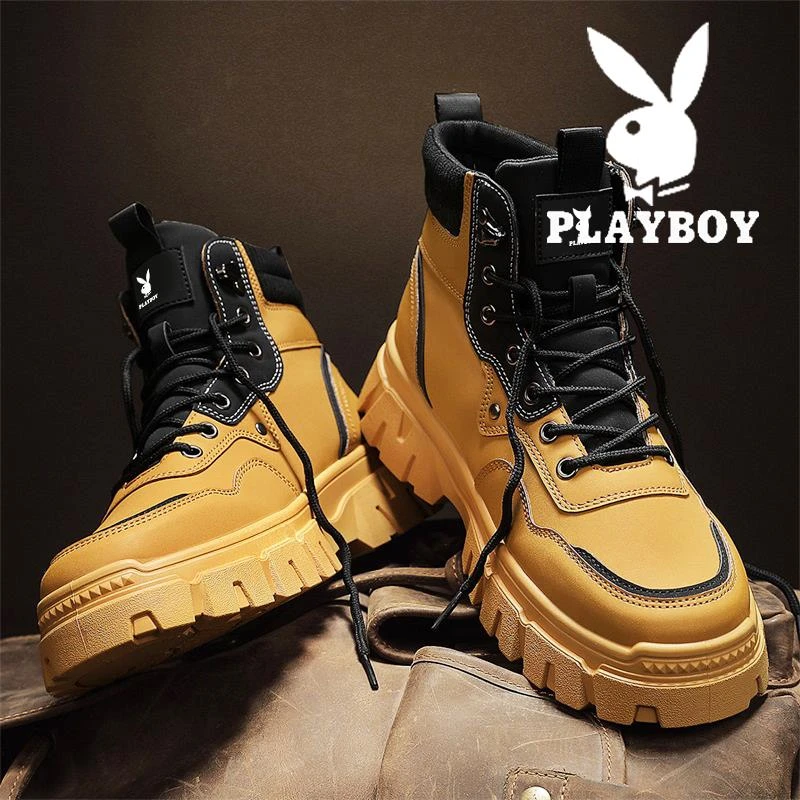 花花公子马丁靴男款秋冬季新款男士厚底休闲工装靴子户外大黄靴