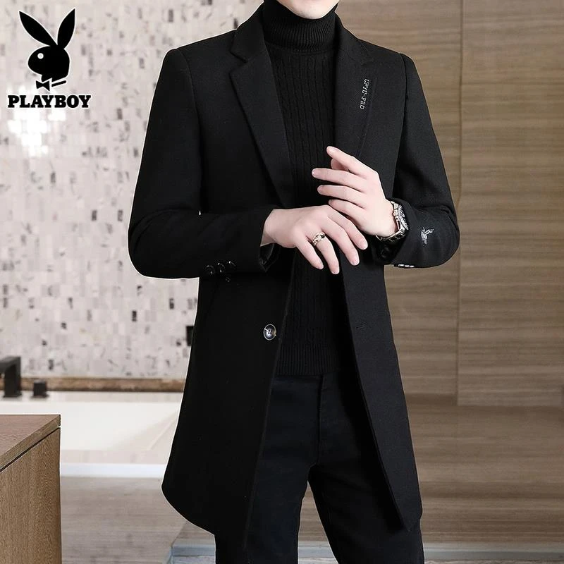 花花公子羊毛呢大衣男款秋冬季新款潮牌男士加厚中长款毛呢外套男