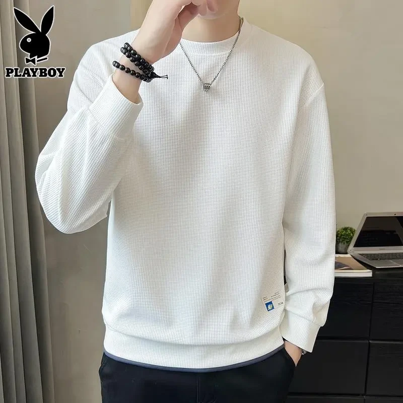 花花公子华夫格卫衣男款春季男士打底衫上衣服潮流白色长袖男装