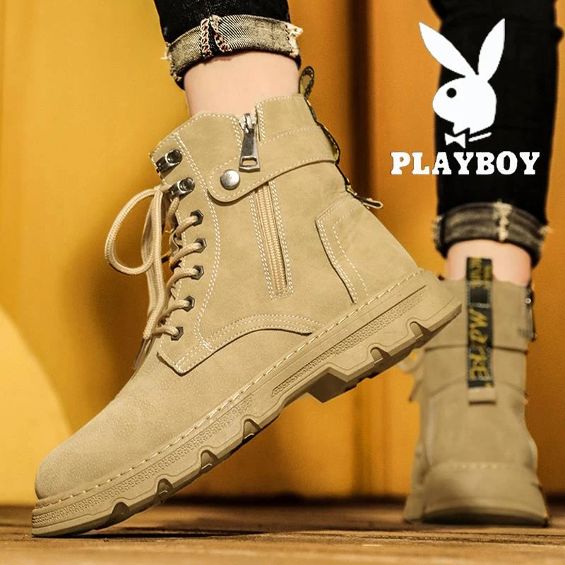 花花公子马丁靴子男款夏季新款男士英伦风休闲户外工装男鞋