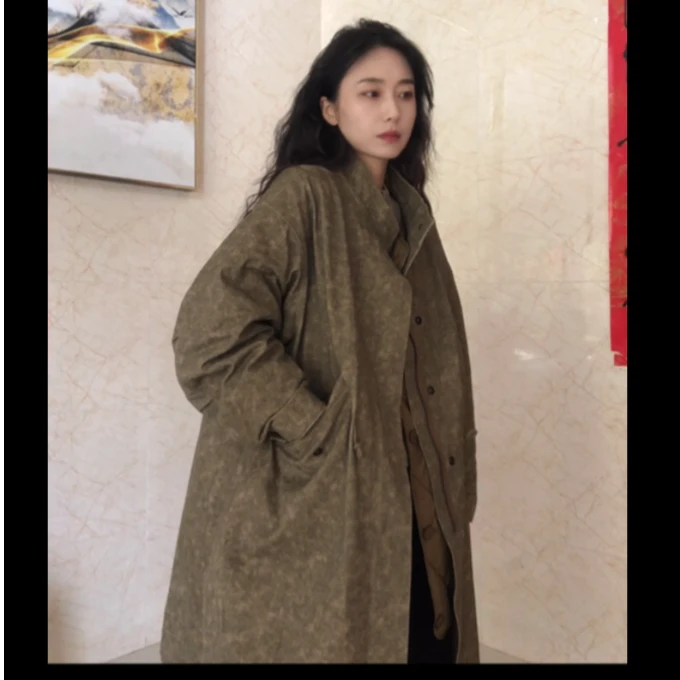 北鱼独家定制【文艺三穿可脱卸羽绒内胆风衣】棉蜡染纹印宽松长大衣