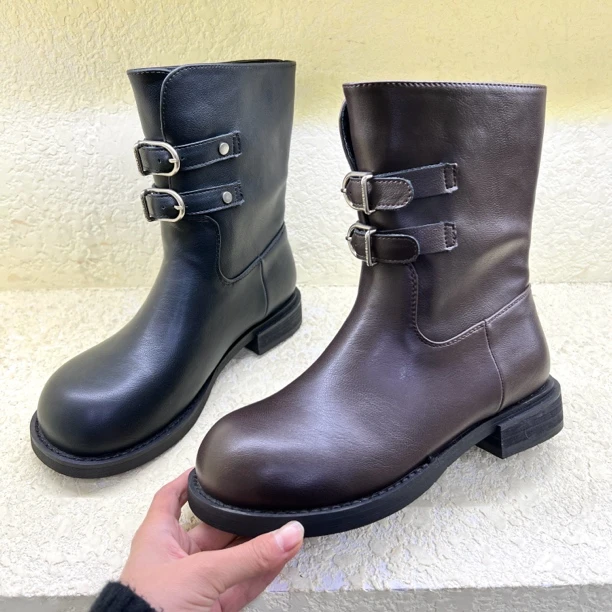 5177-12 圆头西部短筒靴洋气小短靴子女鞋时尚卡扣百搭马丁靴