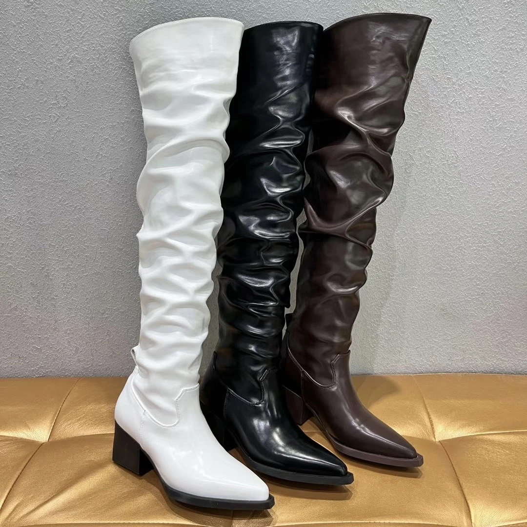 6779-108新款时尚尖头褶皱堆堆靴粗跟加绒过膝长筒靴