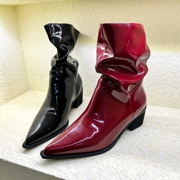 K92-3 气质短靴女尖头粗跟中筒褶皱堆堆靴子软皮弹力瘦瘦靴