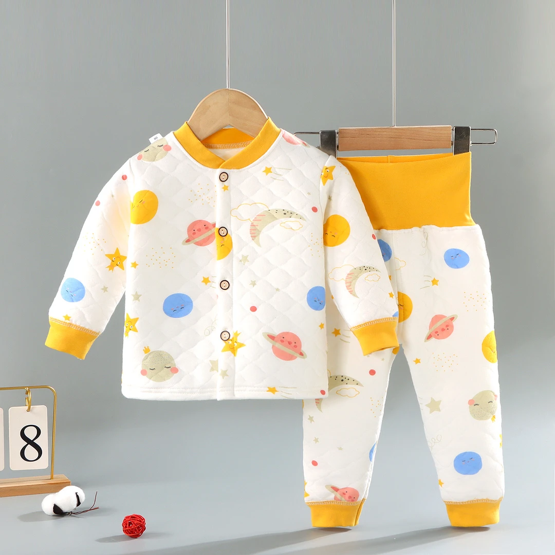 婴幼儿对开三层保暖套装男女宝宝加厚高腰裤秋冬儿童夹棉打底衫