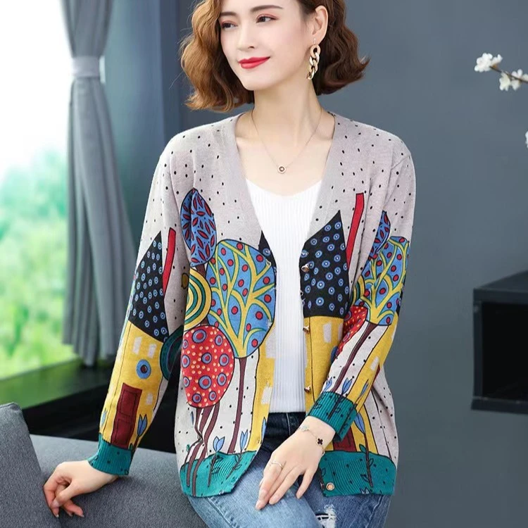 V领童话城堡经典开衫902春秋百搭长袖印花开衫大码洋气时尚长袖