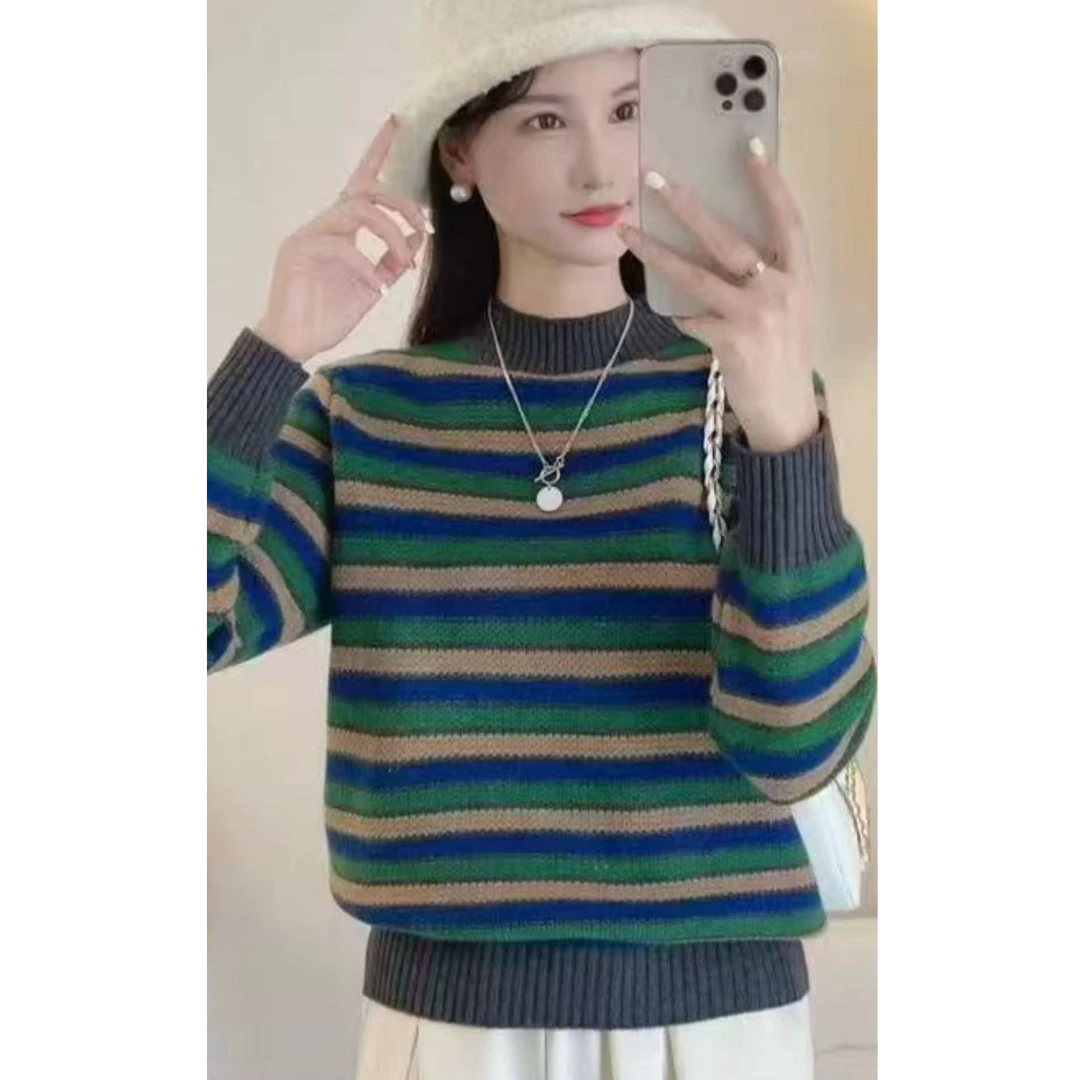 422 灰色中领条纹撞色毛衣时尚百搭气质减龄洋气显瘦休闲简约款