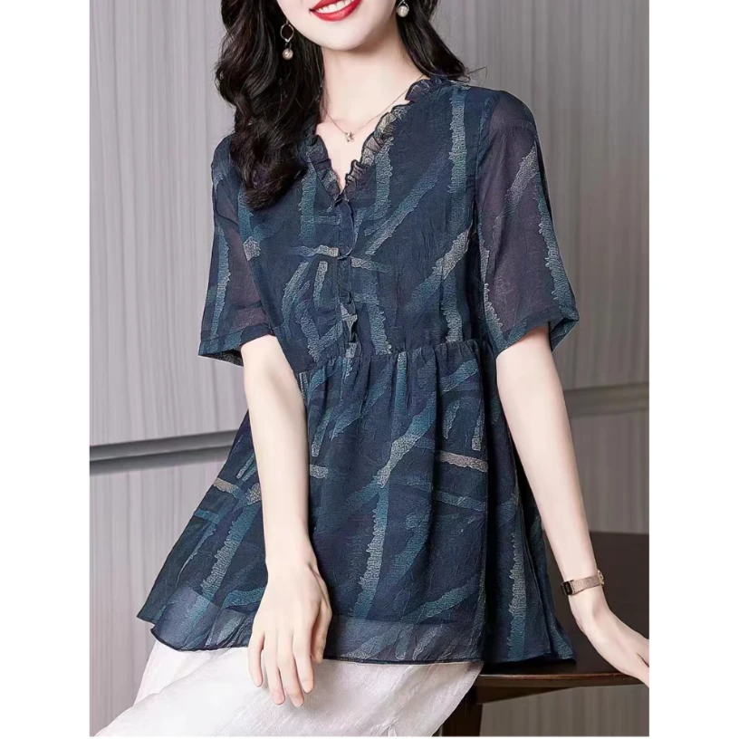 81535 蓝色线条荷叶摆小衫时尚洋气显瘦气质印花休闲女装减龄上衣