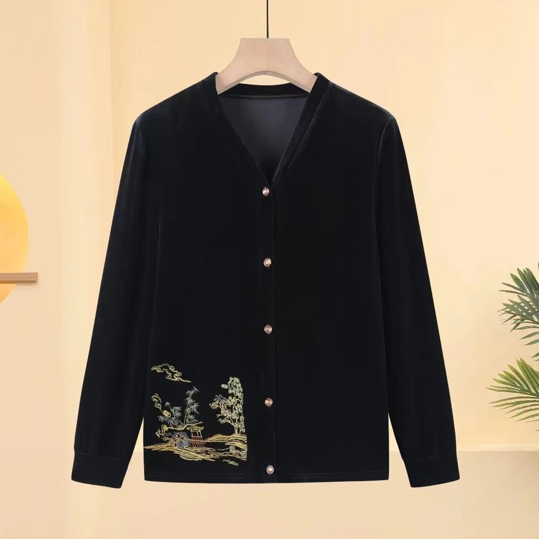 2334西湖美景刺绣丝绒黑色百搭V领开衫外套高档时尚百搭气质显瘦