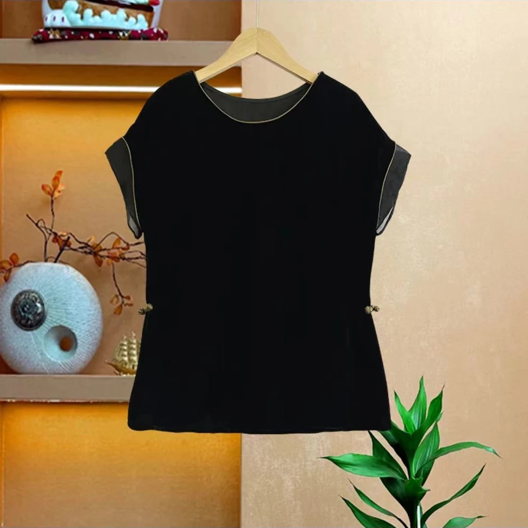 154盘扣米包边短袖丝绒小衫时尚百搭气质减龄洋气显瘦国风休闲款