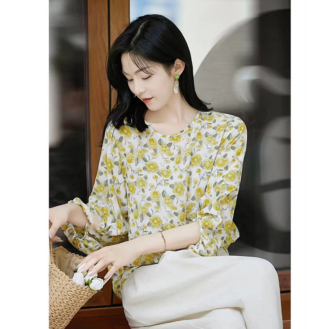 8890黄色桔梗花圆领七分袖衬衫时尚百搭气质减龄洋气显瘦休闲简约