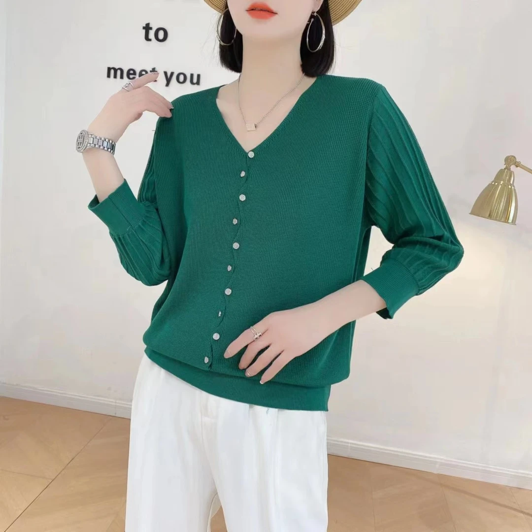 1312白小钻扣V领冰丝七分袖套头时尚百搭纯色春秋显瘦气质上衣