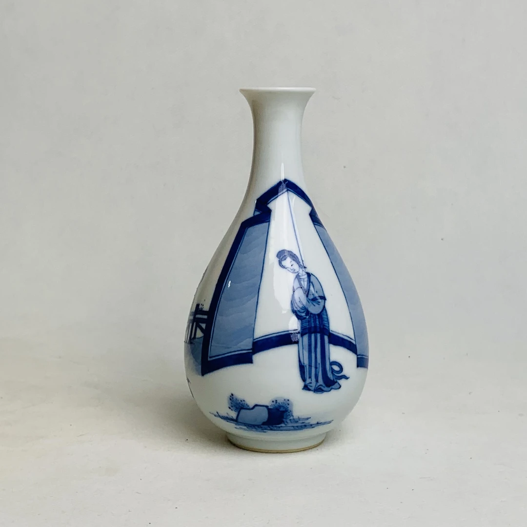 清康熙・青花仕女人物图瓶【古董】X20240923399
