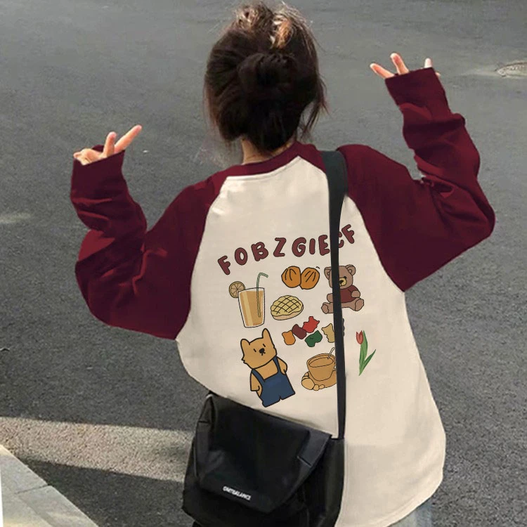 国潮美式复古插肩T恤小熊女秋季2024新款设计感小众上衣长袖C0019