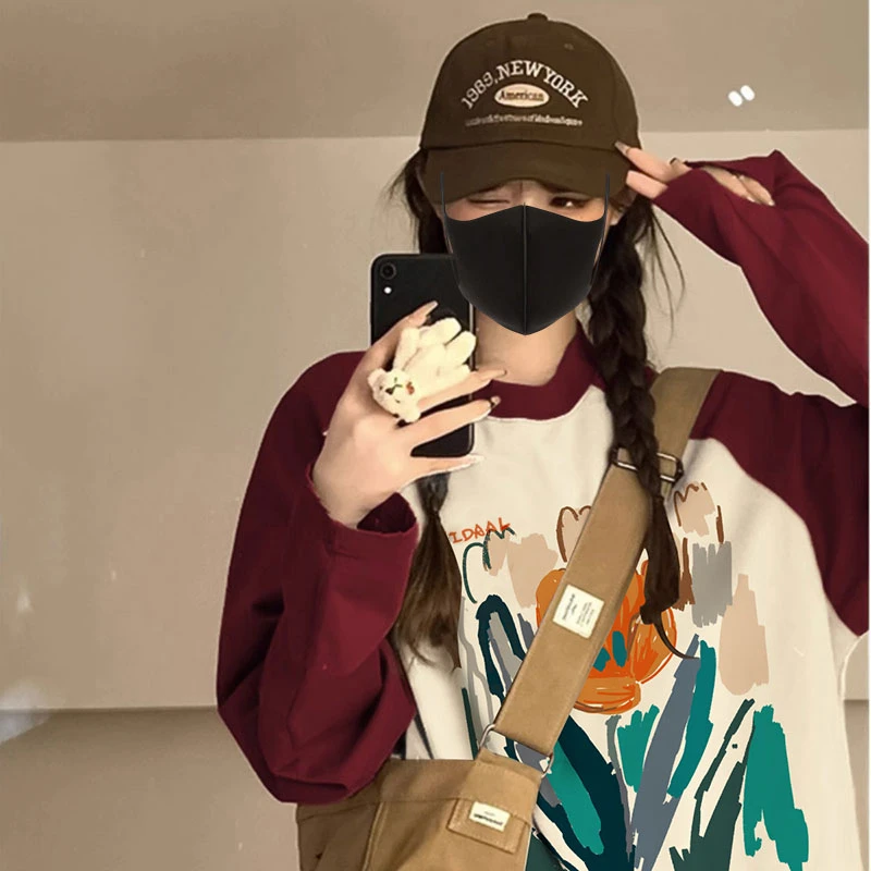 FOBZ纯棉插肩长袖酒红t恤女学生早秋薄款韩版宽松百搭打底上衣