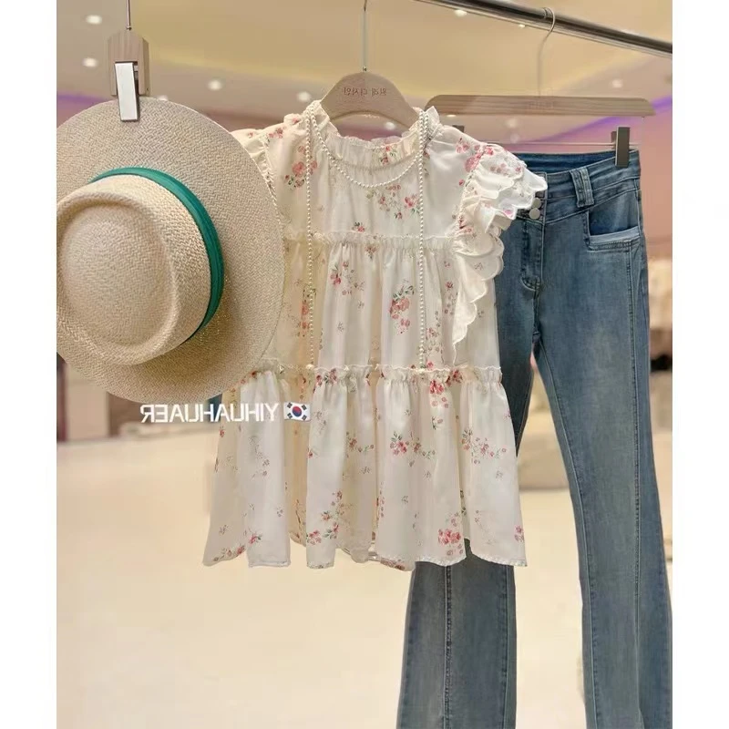 #辰月家雪纺有内衬法式温柔气质刺绣荷叶花边衬衫小上衣