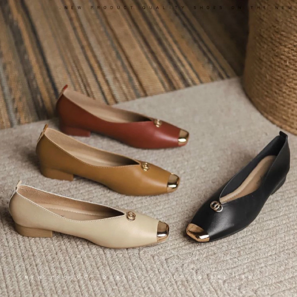 软底拼接奶奶鞋牛皮公主风高档网红金属头方头单鞋女粗跟温柔