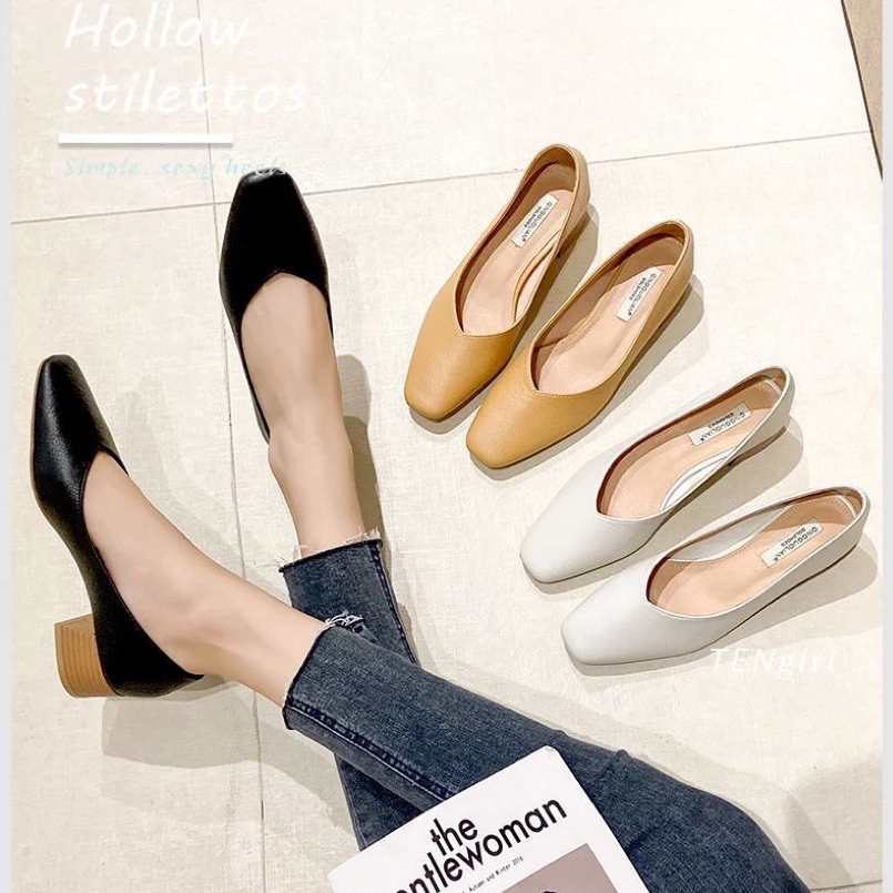 （4厘米33-41码）软面软底浅口高跟鞋单鞋女粗跟方头休闲职场出行