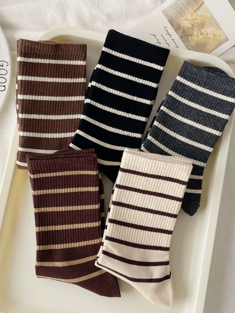条纹袜子女秋冬中筒袜ins潮配鲨鱼裤运动袜韩版长筒袜纯棉美拉德