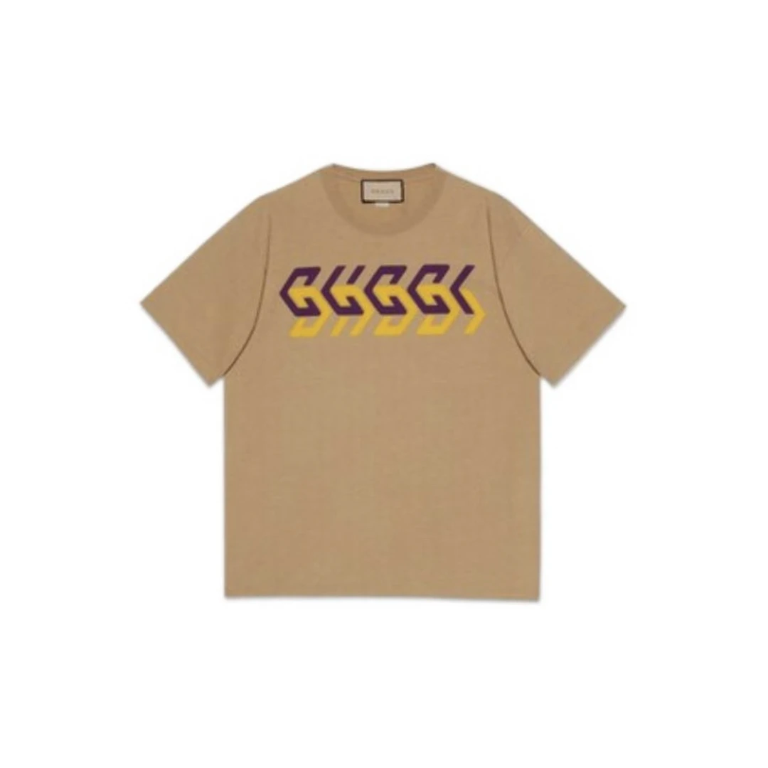 Gucci古驰 卡其色镜像logo印花男士短袖