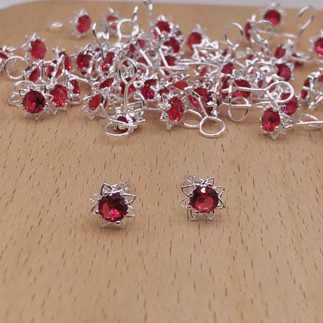 足银玻璃耳饰 足银990时尚弯钩锆石花耳钉