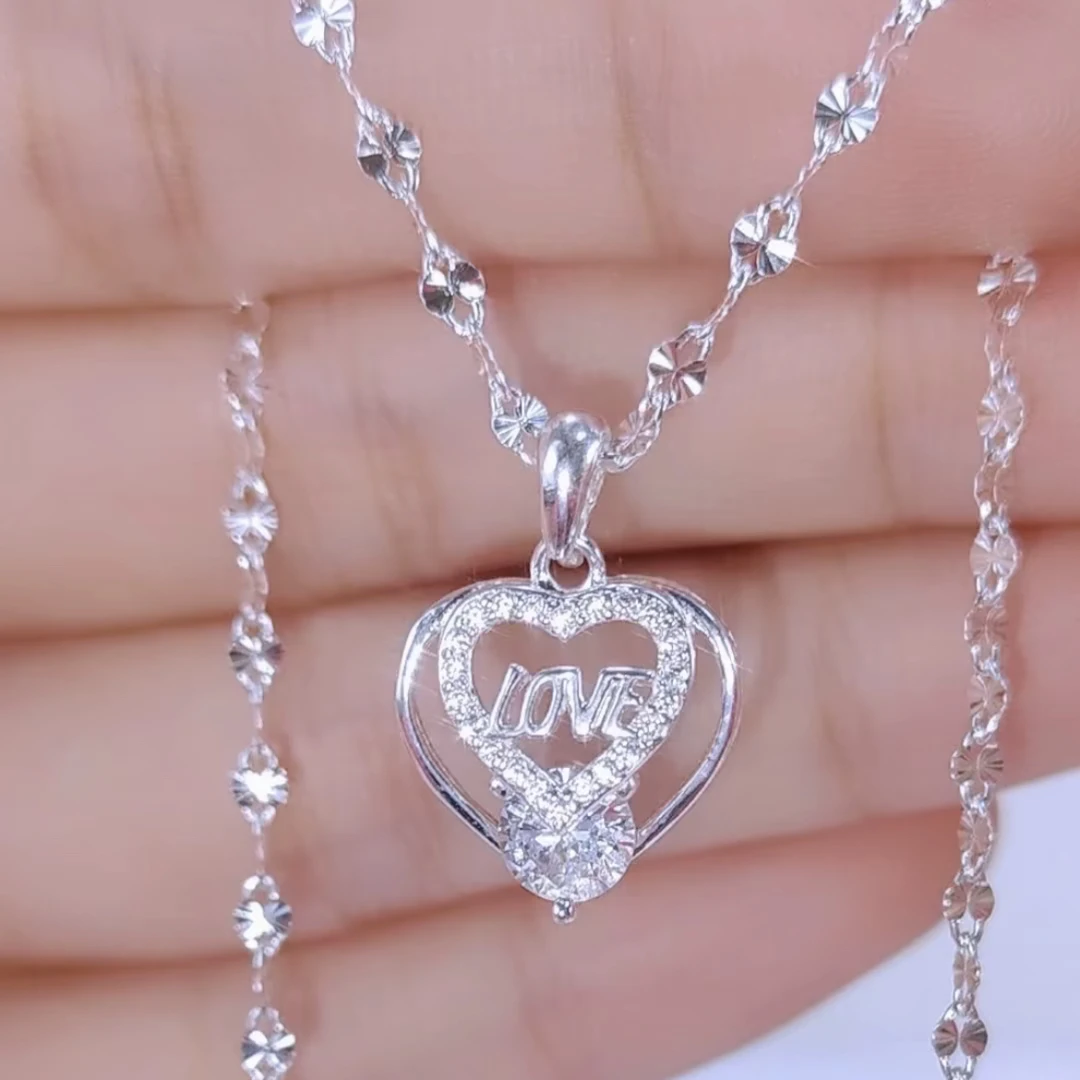 坠链均足银锆石 足银重工微镶love爱心项链