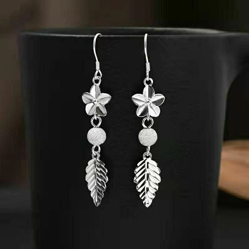 足银耳饰 足银磨砂珠车花树叶耳钩耳环