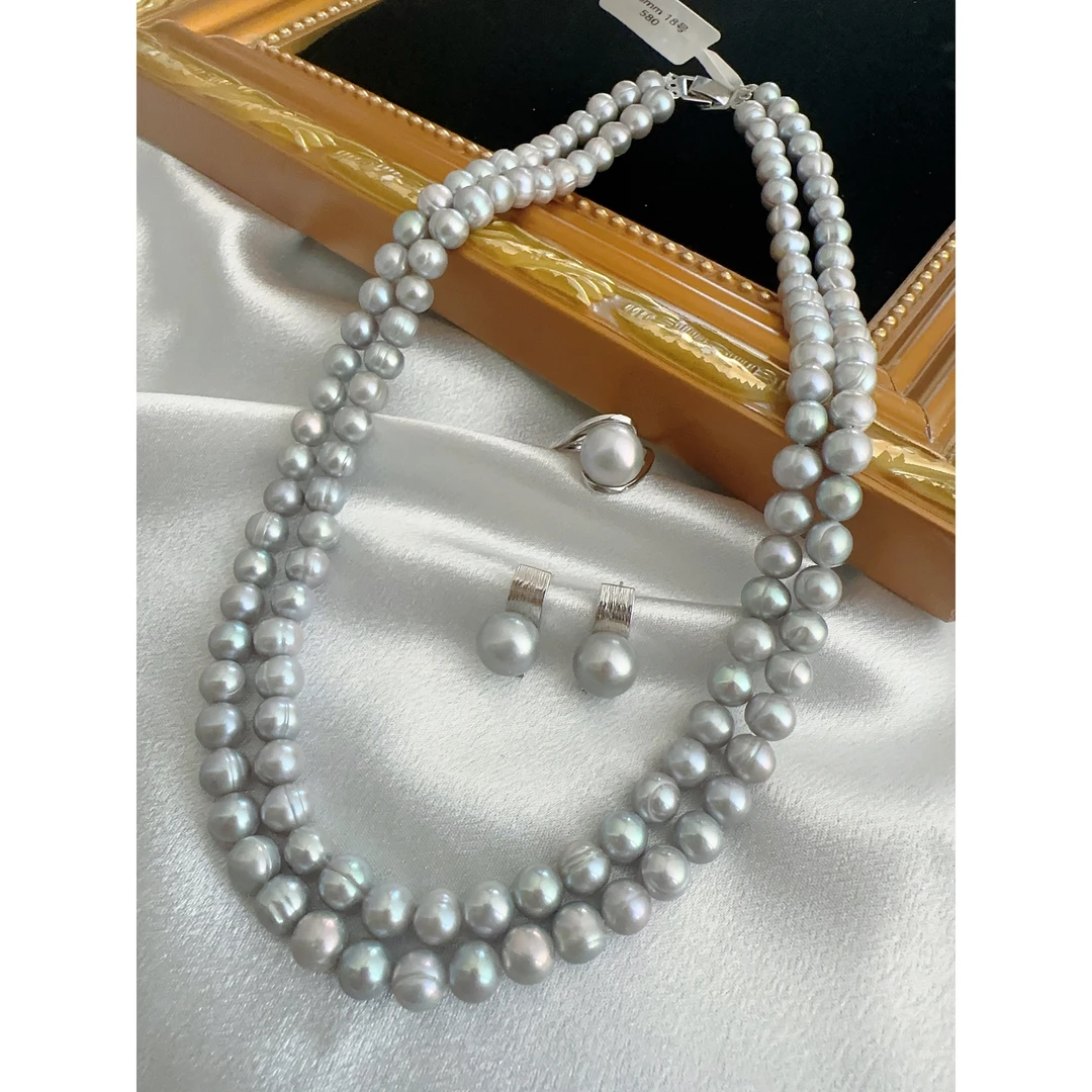 7-8mm灰色珍珠双层项链套装