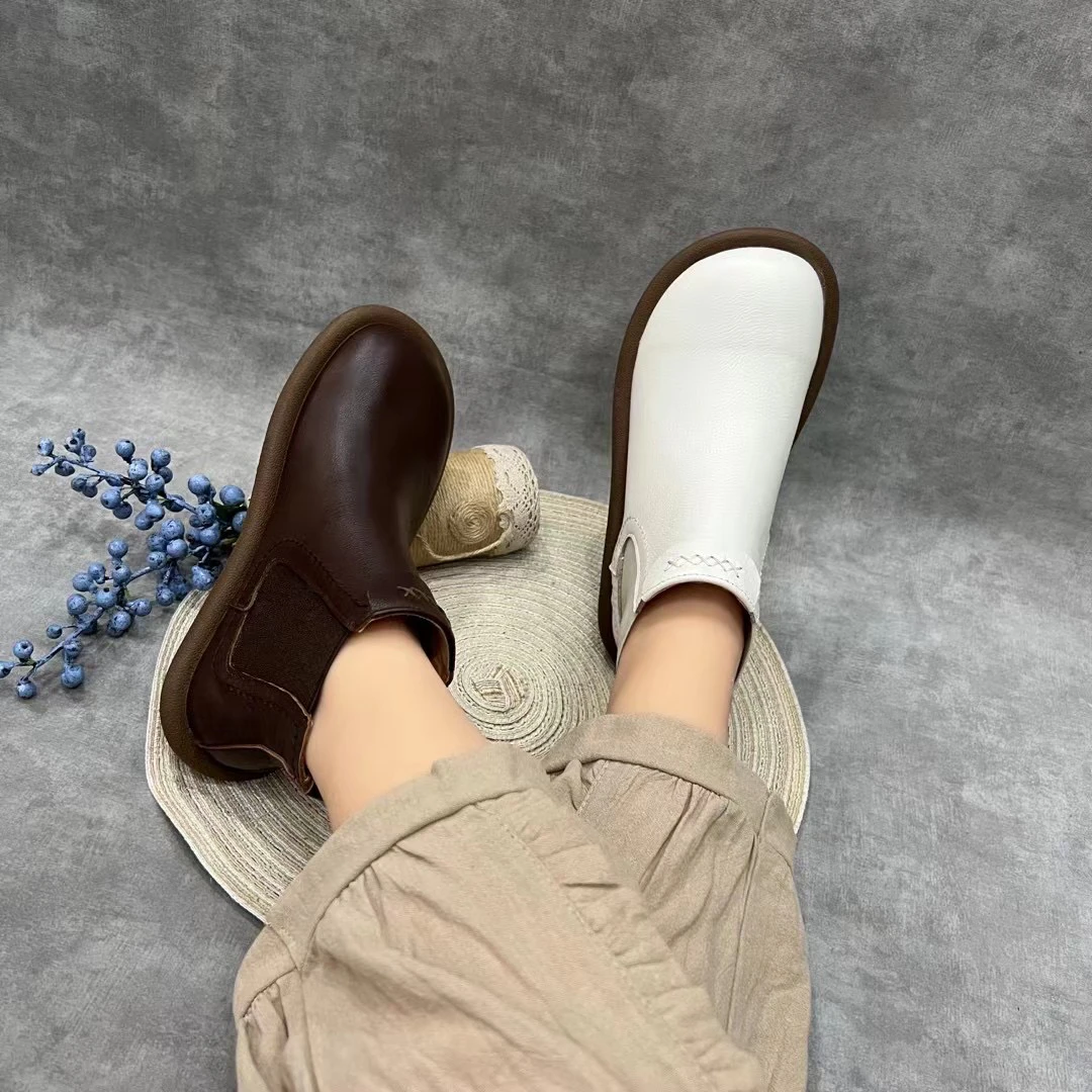 真皮复古短靴软底软面圆头一脚蹬弹力松紧带单靴