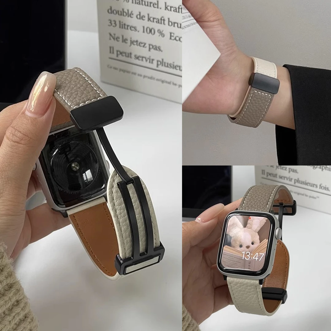 拼色荔枝纹适用GT5华为gt4运动gt3pro手表带watch磁吸扣fit真皮质