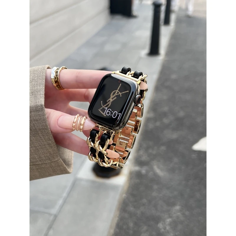 高级小香风金属真皮质适用hello watch3苹果手表带s8华强北s9/S10