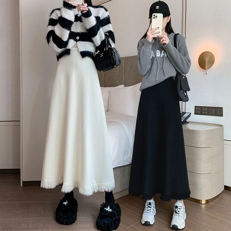 厚款毛线裙大摆针织裙流苏长裙伞裙显瘦半身裙百搭中长款A字裙子