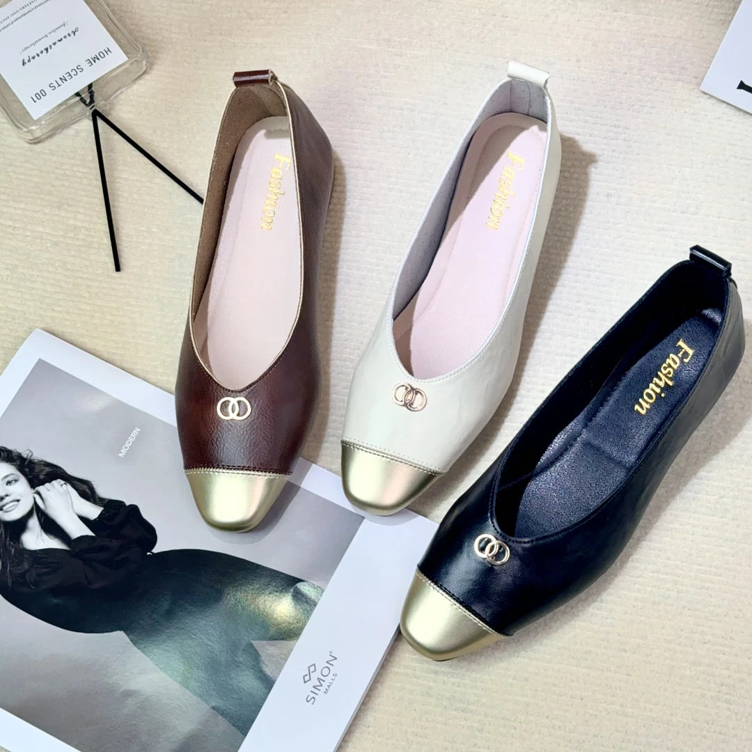 【朵苮品牌】平底金色方头法式小香风单鞋女鞋子春季黑色气质通勤瓢