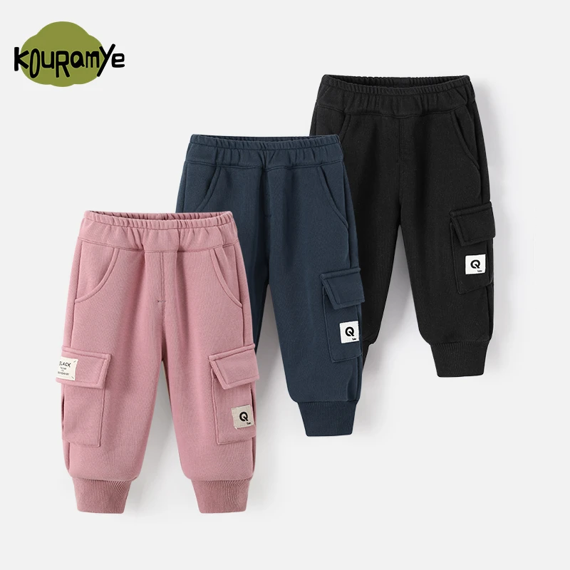 酷娃米冬季新款儿童裤子中小男女宝宝时尚休闲加绒工装裤70271