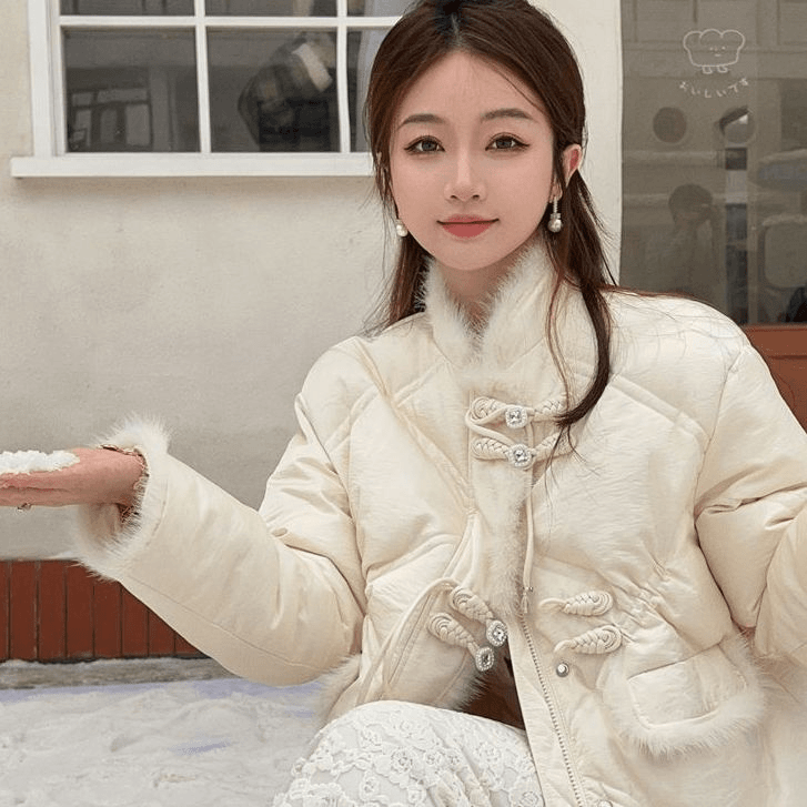 鸭绒水貂毛拼接新色短款新中式雪花飞2023国风盘冬季羽绒服女