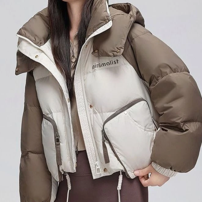 女士新款羽绒衣保暖撞色连帽新款设计感外套宽松羽绒服短款小个子