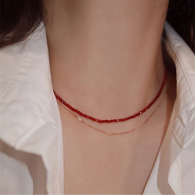 钛钢项链 《不掉色】气质极细八棱形红色手工项链小众简约轻奢