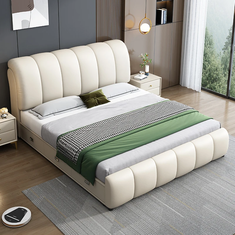 意式轻奢皮床现代简约双人床主卧大床网红ins奶油风极简软体皮床