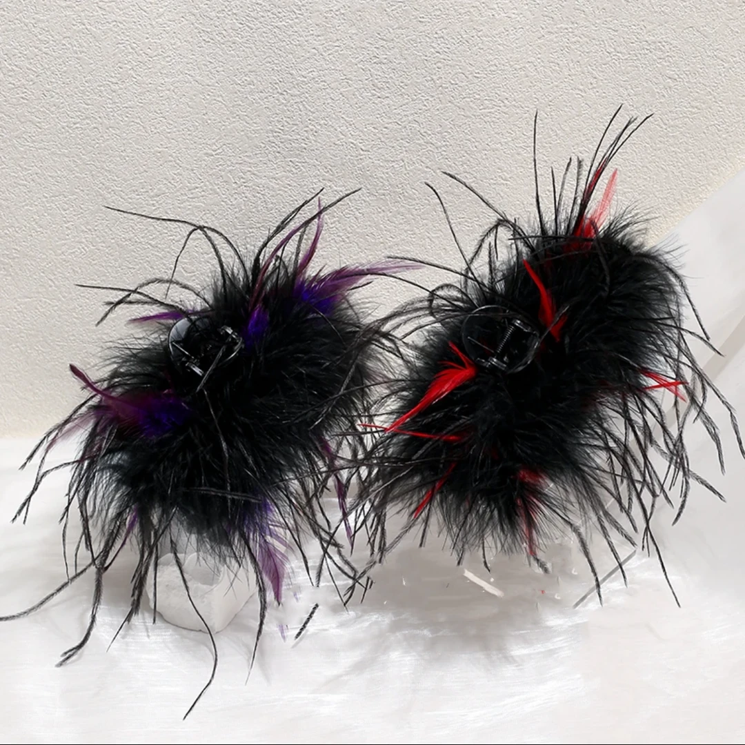 秋冬新款升级版驼鸟毛百搭加毛加量版紫色毛毛气质网红百搭抓夹