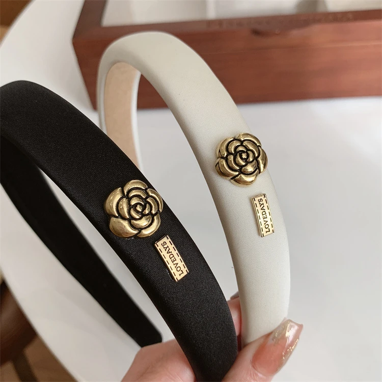 百搭小香风山茶花发箍黑色海绵高颅顶发卡头箍女优雅时尚头饰品Z