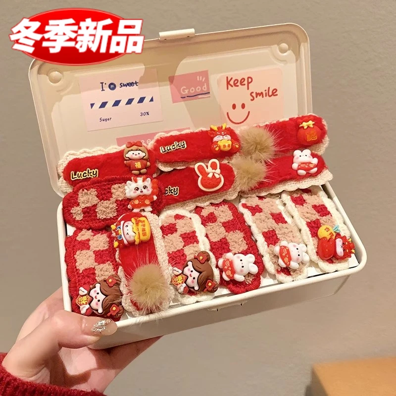 新款秋冬酒红色福气小兔发夹新年头饰BB夹侧边刘海夹发卡发饰Z