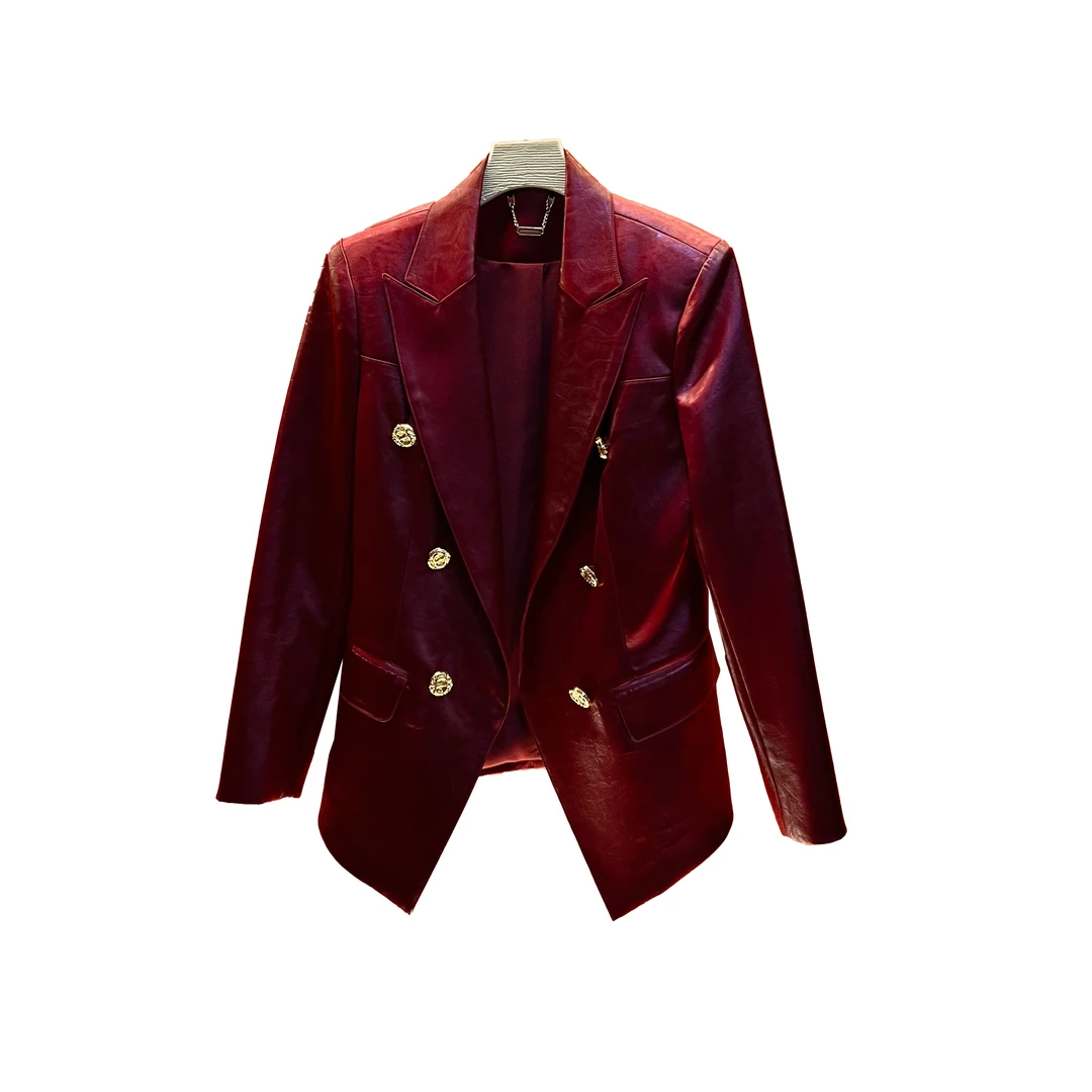 D960深圳南油秋冬新款皮感精仿弹力修身安哥拉红轻奢风高端女西装