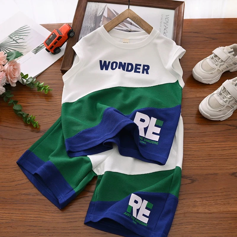 男童夏装套装2024新男孩夏季珠地潮拼色帅气时髦中大儿童背心短裤