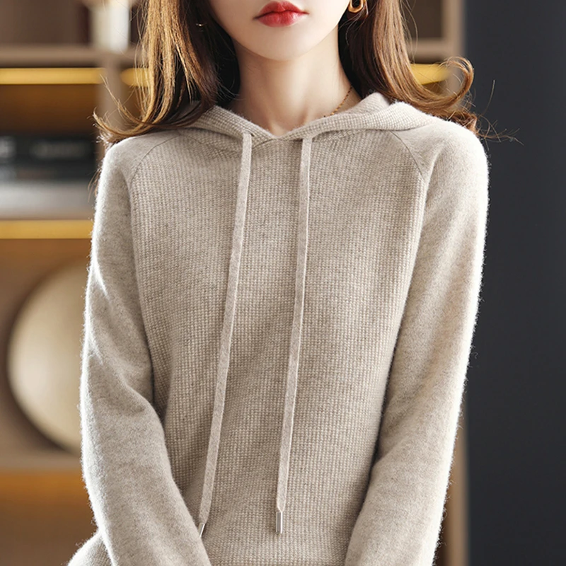 24秋冬款连帽100%纯羊毛衫女宽松内搭针织减龄毛衣带帽洋气打底衫