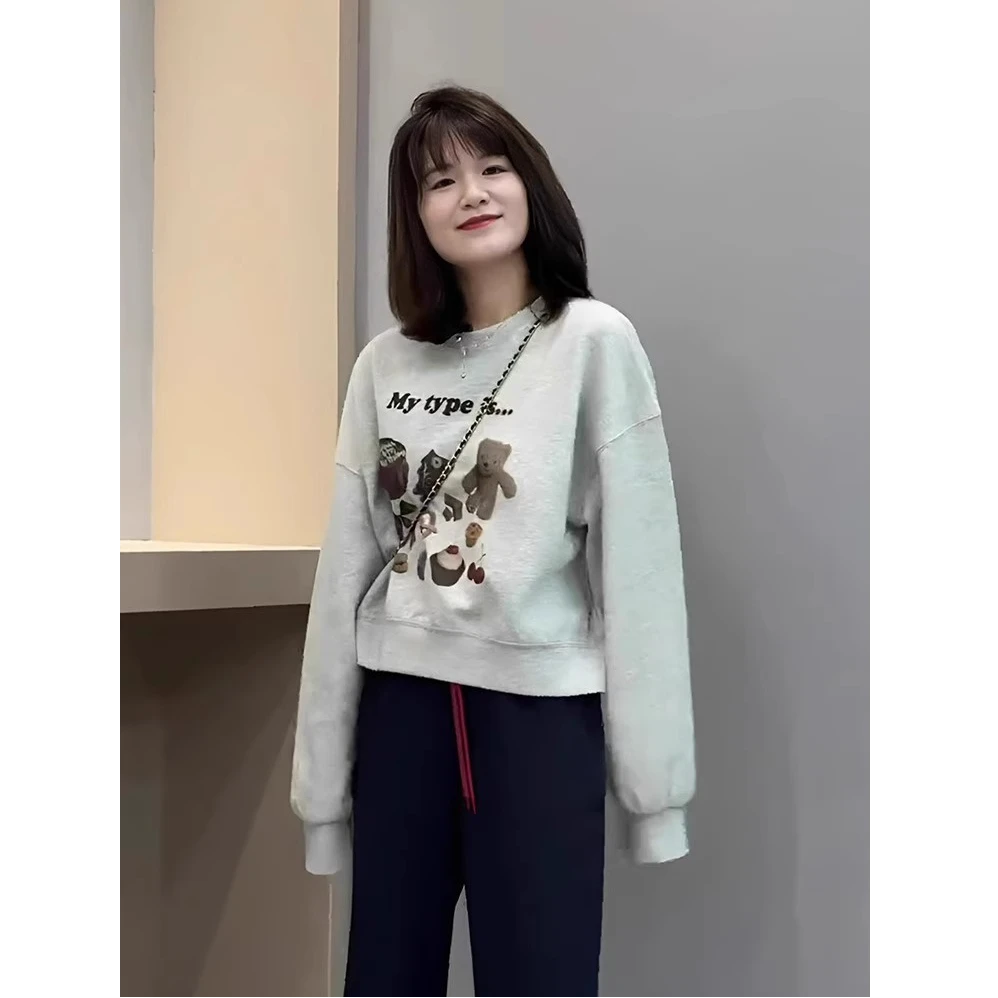 小个子灰色短款圆领卫衣女春秋款2025新款爆款时尚洋气无帽上衣女