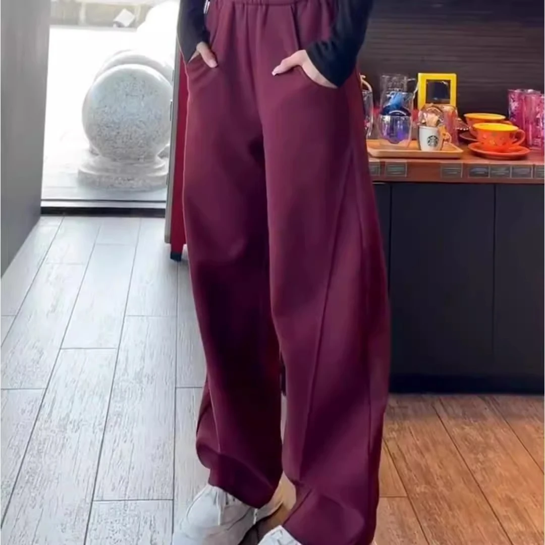 酒红色抽绳弯刀加绒卫裤安可拉直筒休闲阔腿香蕉裤女春秋2025新款