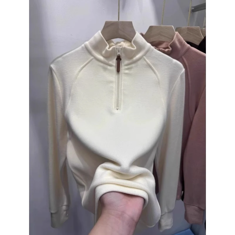 高级感冬季新款洋气双面磨毛德绒长袖T恤女半高领拉链打底衫上衣