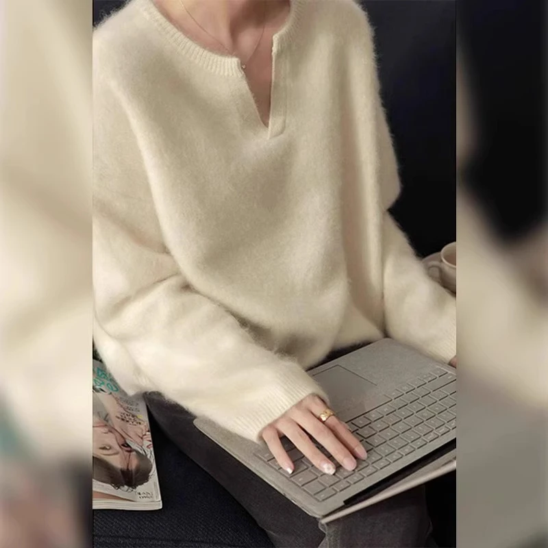 浣熊绒白色v领毛衣女春秋季小个子宽松慵懒风内搭针织衫打底上衣