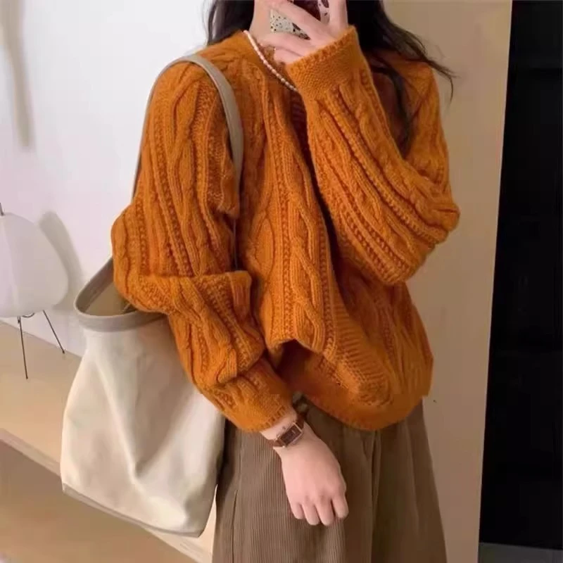 南瓜橘色圆领麻花毛衣女春秋小个子加厚针织衫宽松慵懒风软糯上衣